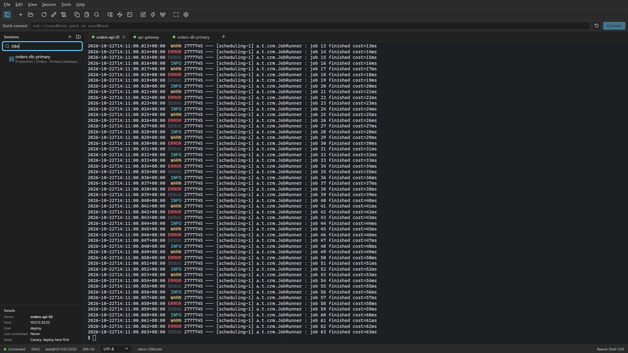 Beaver Shell in the dark theme, with the session search finding a server by a word in its note