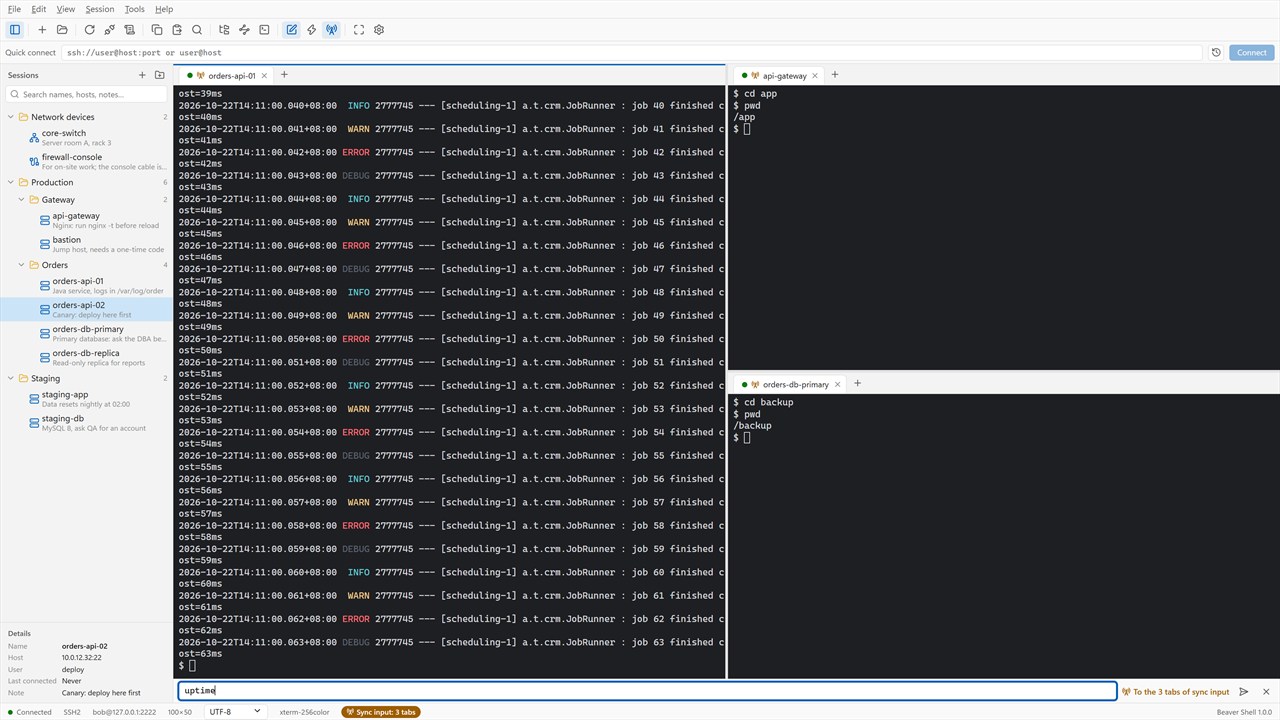 Three tab groups side by side and stacked, with the compose bar sending one line to all three tabs