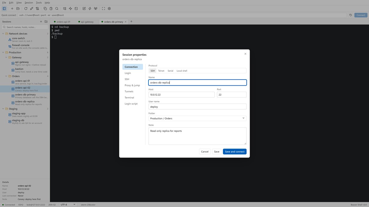 The session properties dialog with the name, host, port, user name, folder and note of a server