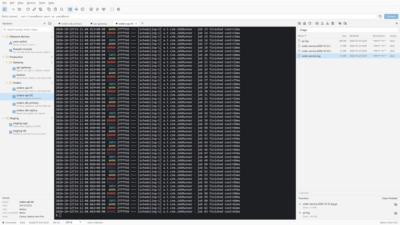 The SFTP panel next to a terminal, listing a log folder, with two finished downloads in the transfer queue