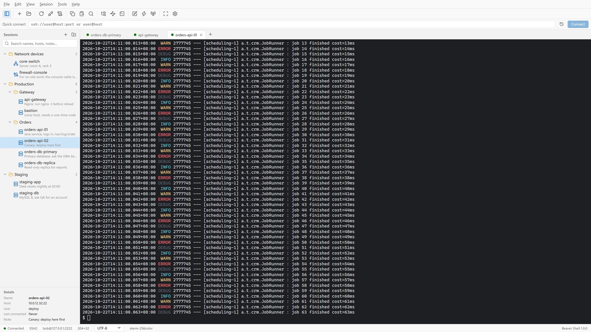 Beaver Shell with three servers open in tabs, the session library with folders, names and notes on the left, and a server log in the terminal